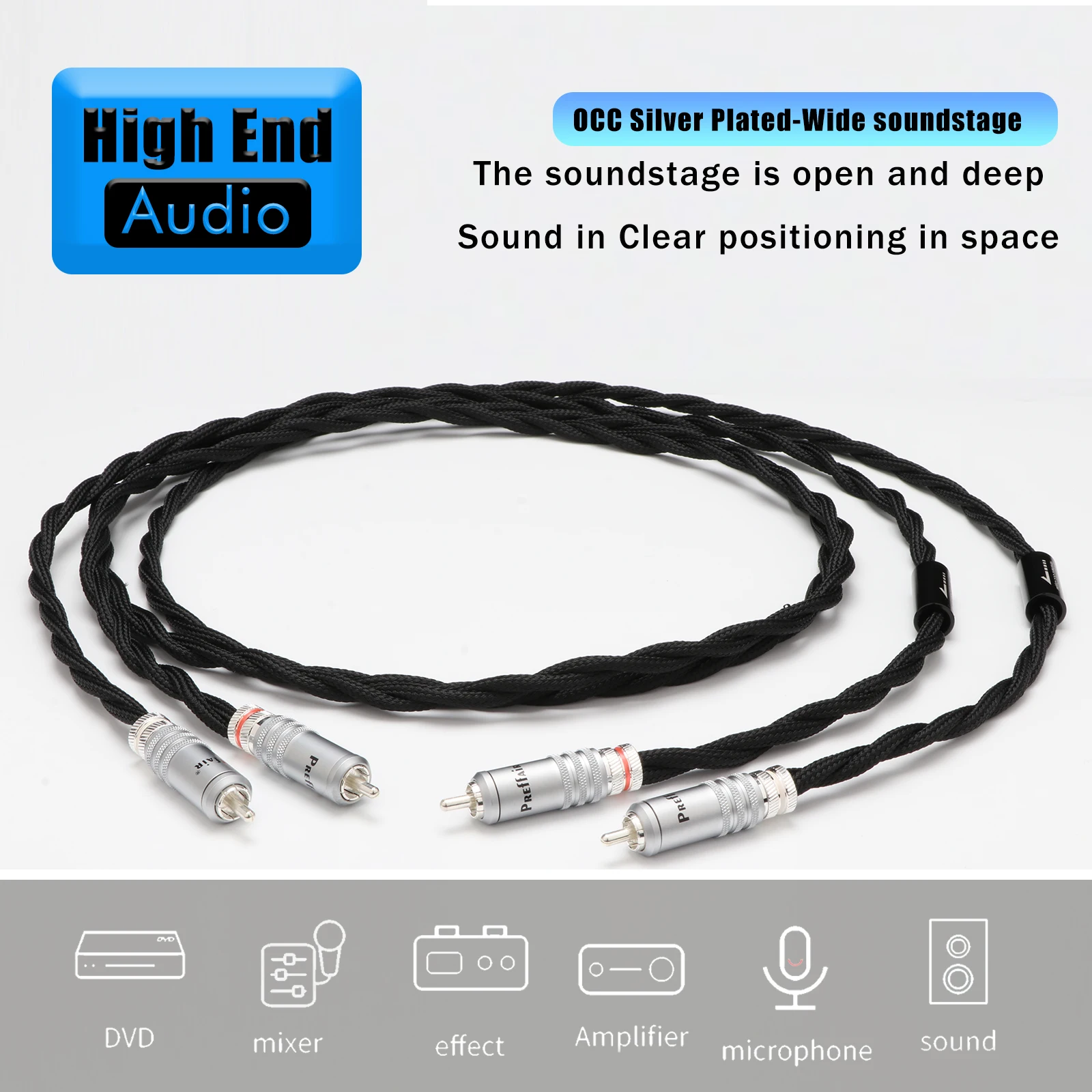 Preffair Hi-end 6N OCC Silver plated 2RCA to 2RCA HiFi Audio Cable with Silver-Plated RCA connector for CD Amplifier