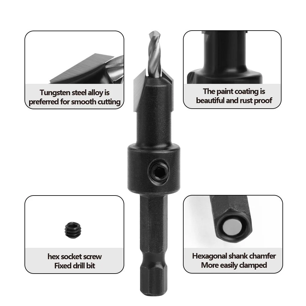 Hex Shank Countersink Drill Bit, Black Woodworking Countersink Drill,Step Drill for Self-Tapping Screws,Alloy Head for Wood