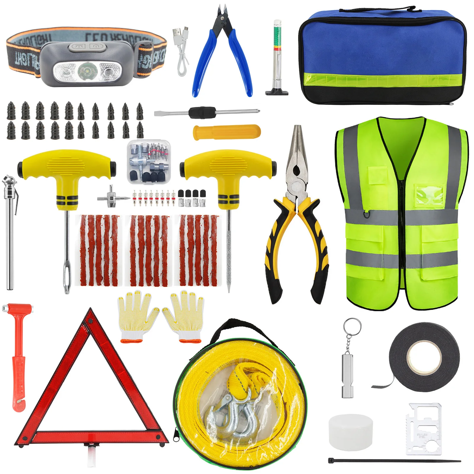 Car Roadside Emergency Kit Tire Repair Tow Strap Pliers Headlamp Reflective Vest Triangle Tape Safety Hammer Assistance Tool