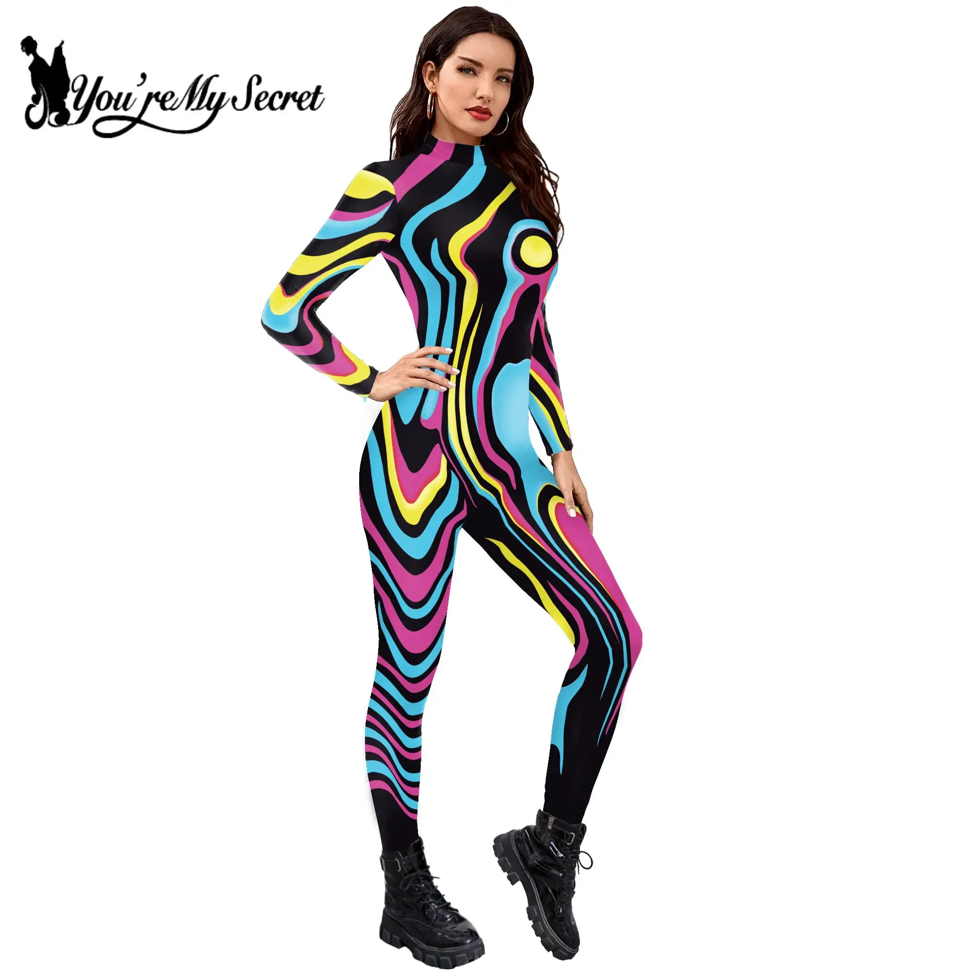 [You\'re My Secret] Women\'s Catsuit Fashion Funny Halloween Cosplay Costumes 3D Skeleton Muscle Print Zentai Bodysuit Jumpsuits