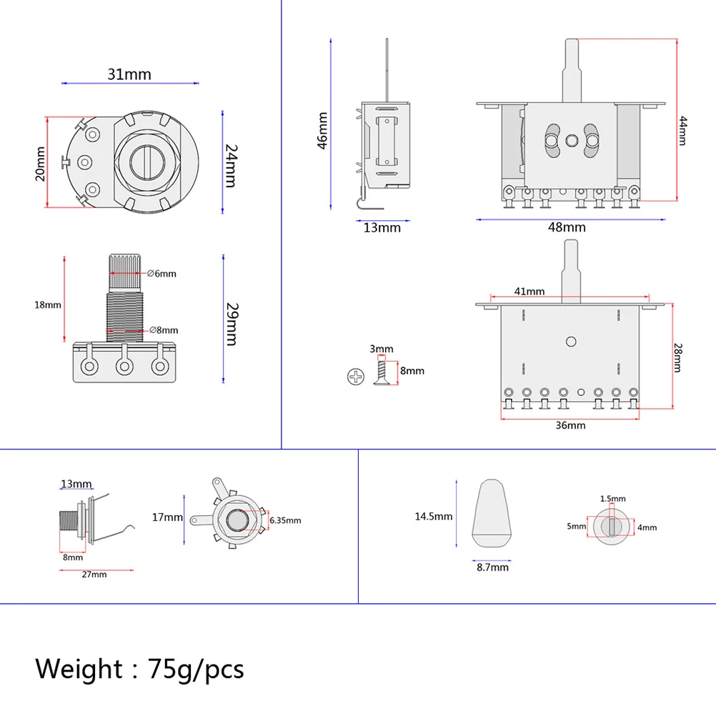 

1Set Guitar Wiring Harness Kit 5 Way Toggle Switch 1 Volume 1 Tone Pot Jack 250K High Grade Material 5 Way Toggle 1T1V