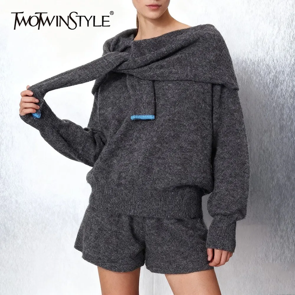 TWOTWINSTYLE FakeTwo Piece Set Sweater for Women Shawl Collar Long Sleeve Elegant Office Gray Slim Knitwear Female Fashion Style
