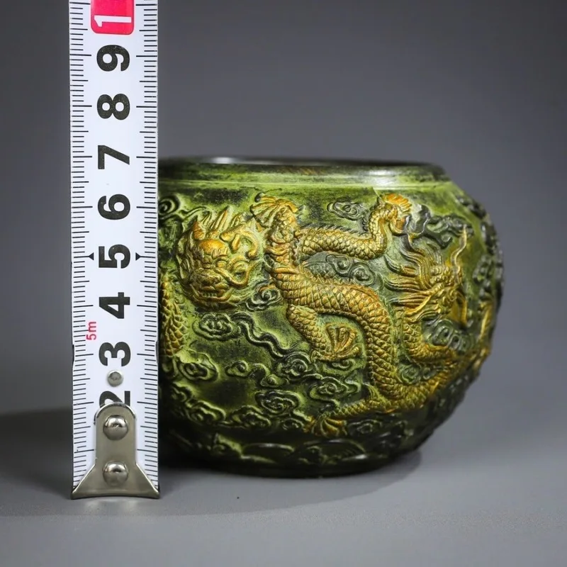 Antiqued copper ornaments patina, featuring two dragons playing with a pearl and a treasure bowl, used as film props, vinta