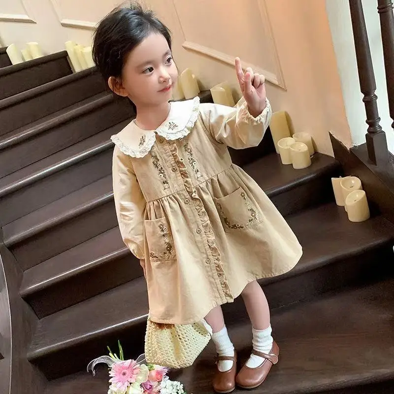 

Girls' Autumn Dress Set New Children's Mushroom Embroidered Shirt+Vest Dress Two-piece Set
