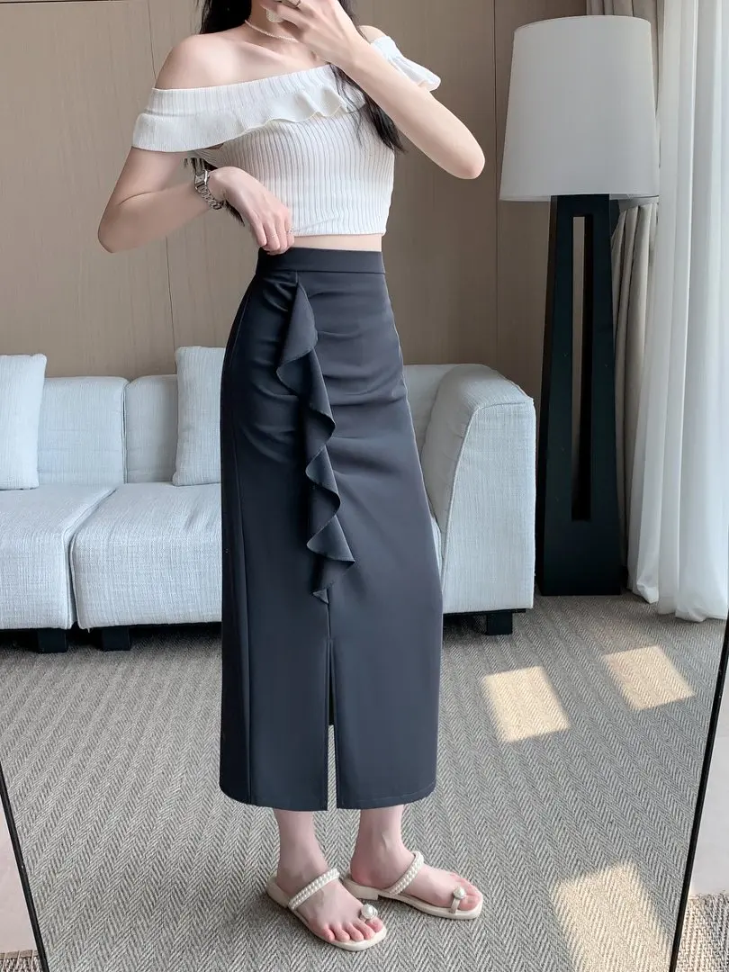 Beige Summer Ruffled Midi Skirt For Women High Waist Casual Sexy Side Slit Office Work Bodycon Long Skirts Lady