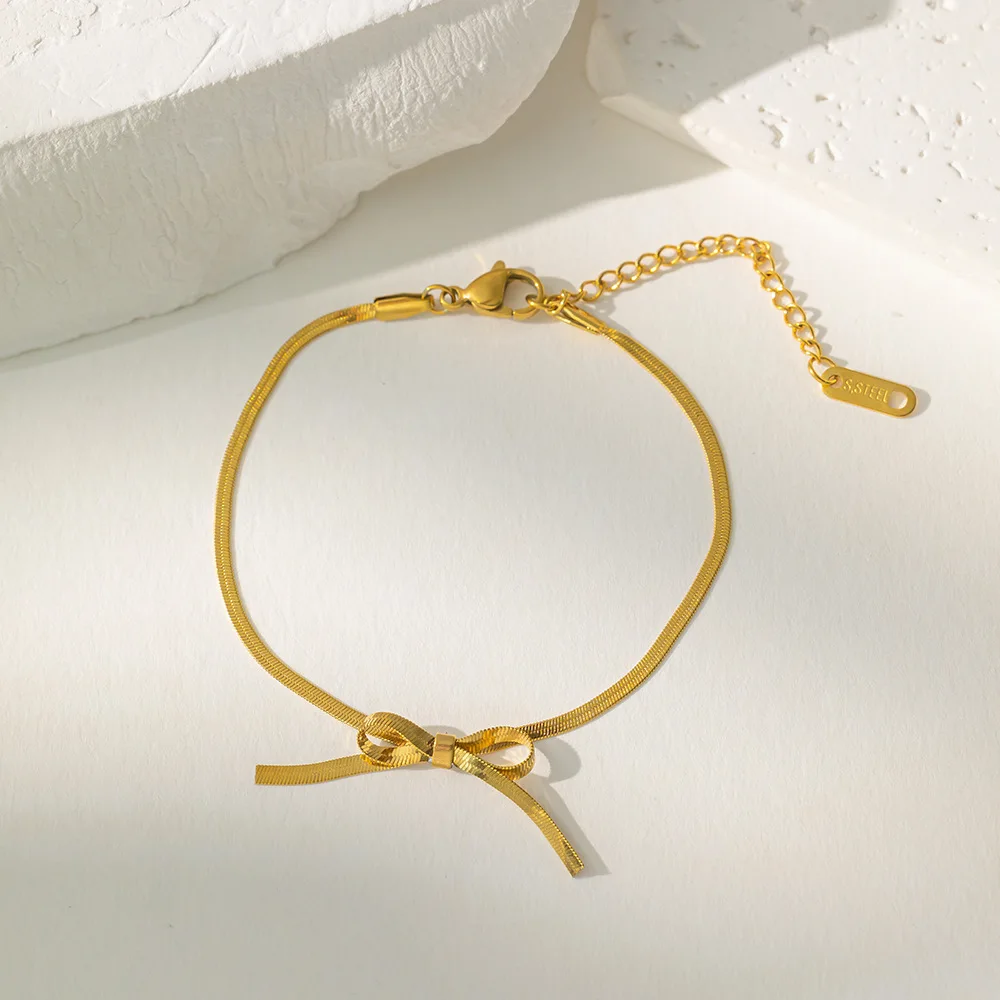 New Temperament Gold Color Stainless Steel Bowknot Bracelet for Women Cute Charm Wedding Bride Jewelry Set Gift Colorfast