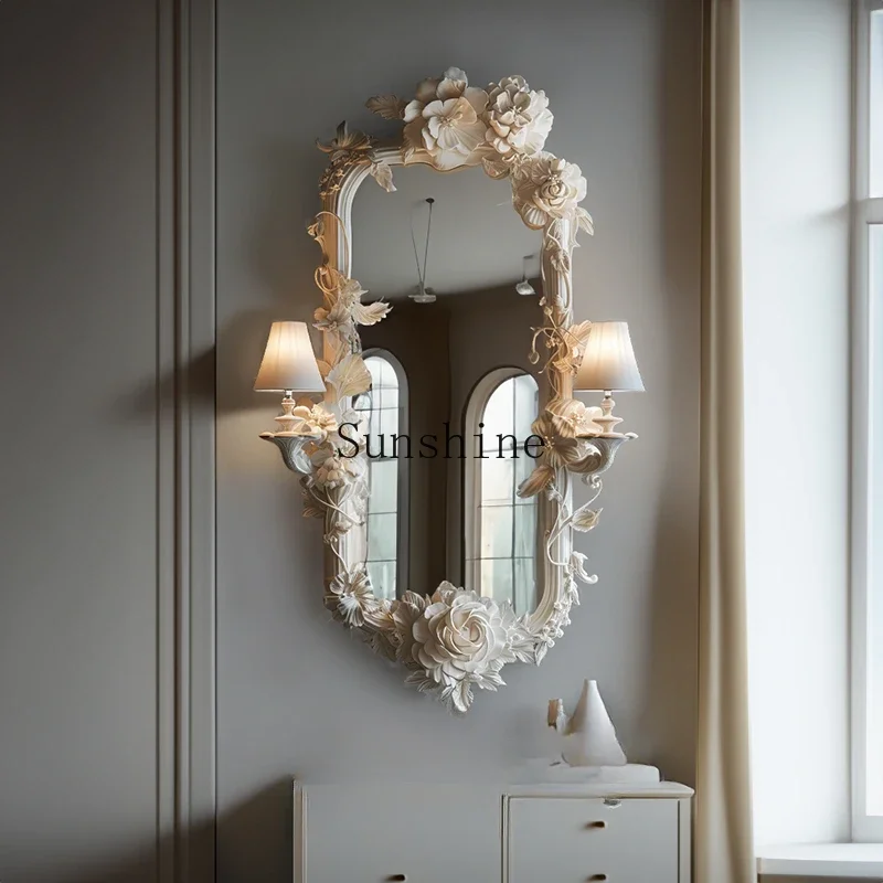 French carved bust mirror European living room decorative mirror with lamp