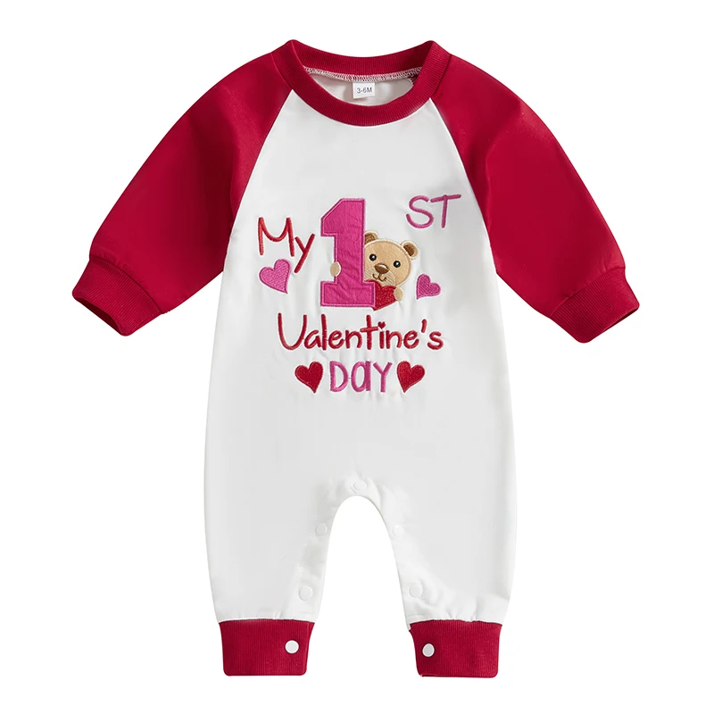 Baby Girl Valentines Day Romper Heart Bear Print Raglan Long Sleeve Sweatshirt Jumpsuit Winter Fall Clothes