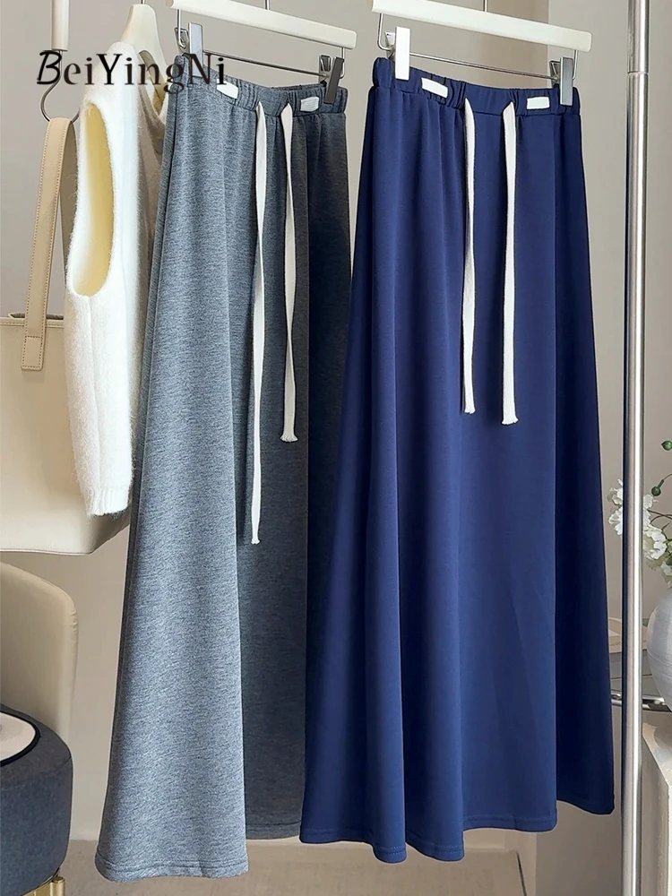 

Beiyingni Casual Sports A-line Skirts Women Drawstring Elastic Waist Long Midi Skirt Female Kpop Style Fashion Blue Slim Faldas