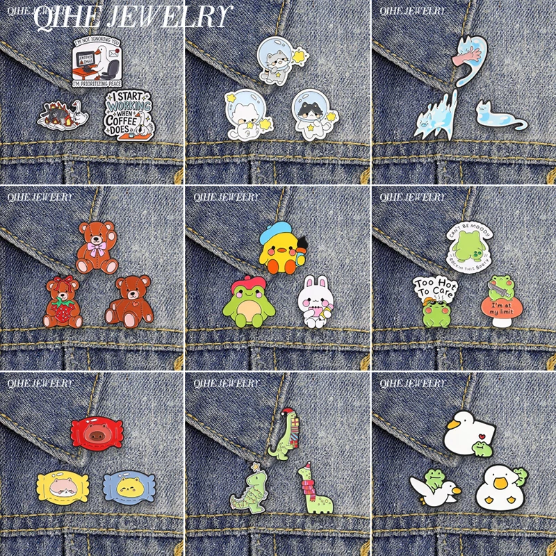 2-3pcs/set Cute Duck & Frog Harmonious Coexistence Enamel Pin Capybara Cat Candy Wrapper Badge Christmas Dinosaurs Brooches Gift