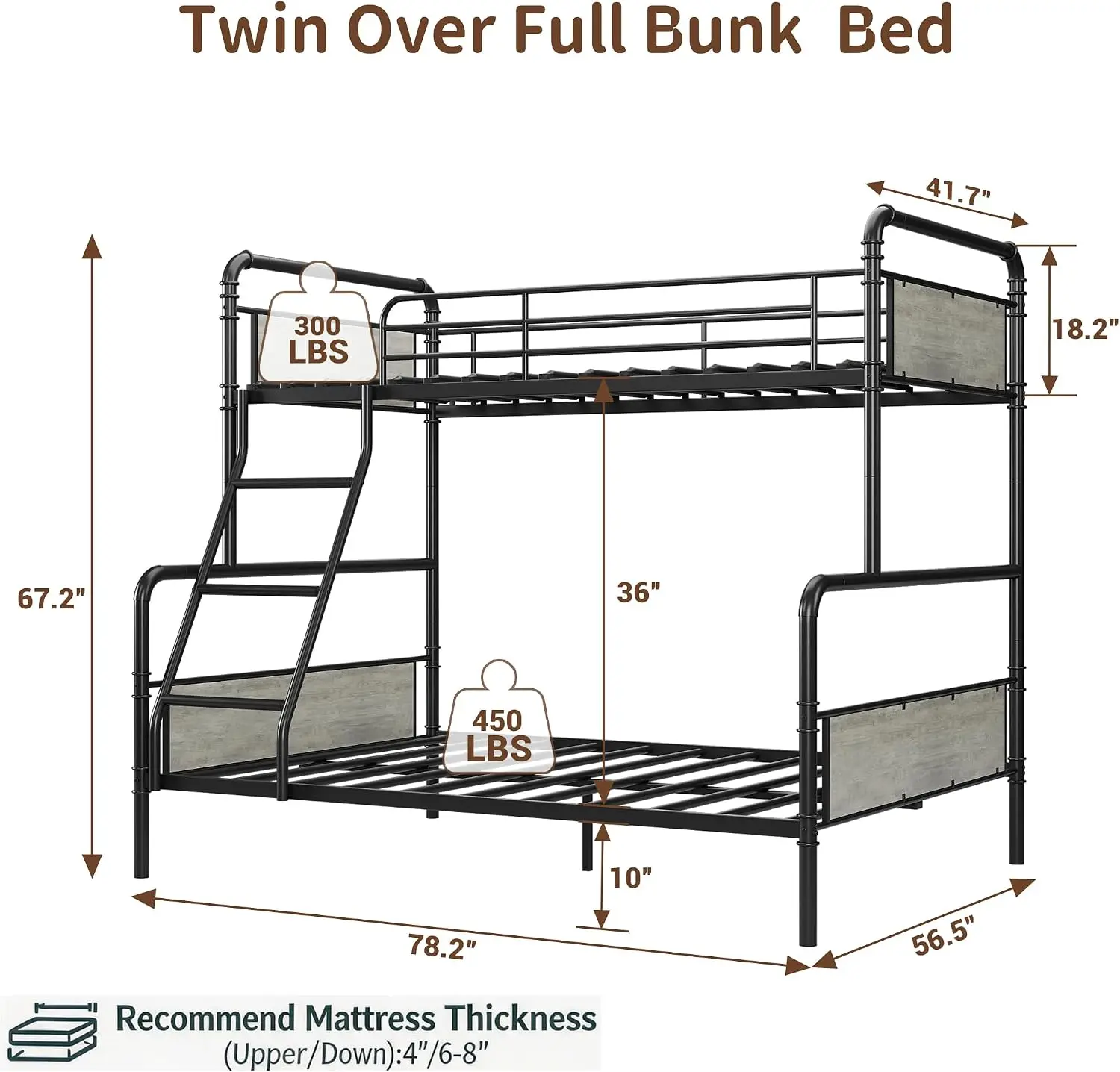 Metal Bunk Bed Twin Over Full Frame, Convertible Two Separate Beds Space Saving Bedroom Furniture With Safety Ladder Guardrails For Dorm Guest Room, Industrial Heavy Duty Bed, Grey