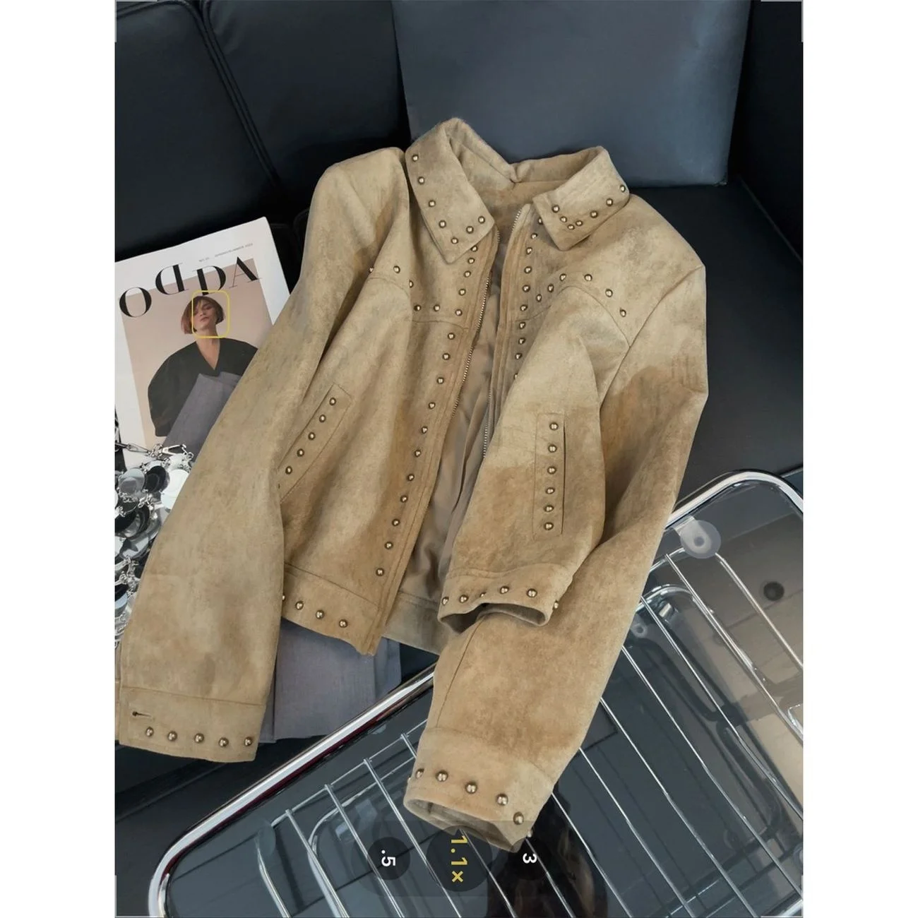 Kaki kunstsuède ort Jaet damesklinknagel motorfiets Vintage Sle herfst afslankende veelzijdige top dames Faion