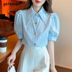 New Summer Women Trendy Pointed Collar Design Sweet Shirts Korean Short Sleeve Beaded Chic Blouses Female Casual Solid Slim Tops