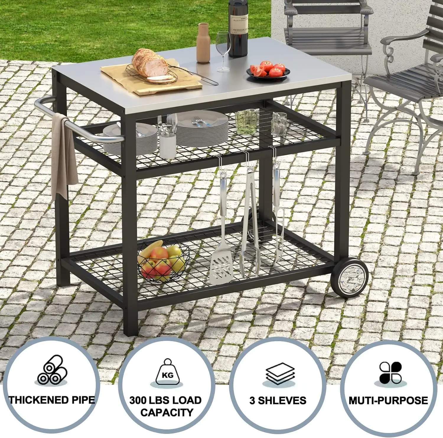 Bewegliche Lebensmittel zubereitung und Arbeits wagen Tisch Edelstahl Grill wagen modularer Tisch mit Rädern und Griff Doppel regal kommerziell