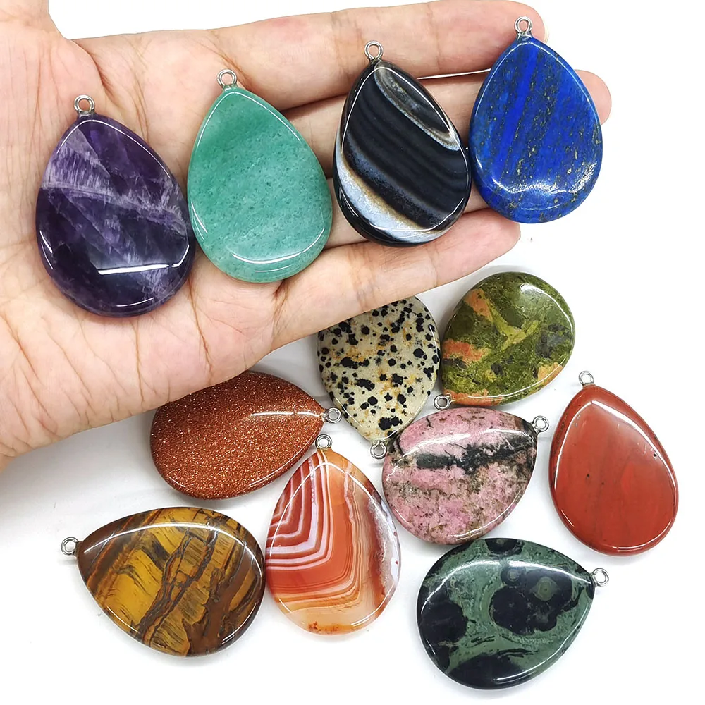 40x30mm Water Drop Shaped Pendant Natural Stones Healing Crystals Amethyst Agate Quartz Gemstone for Jewelry Making DIY Necklace