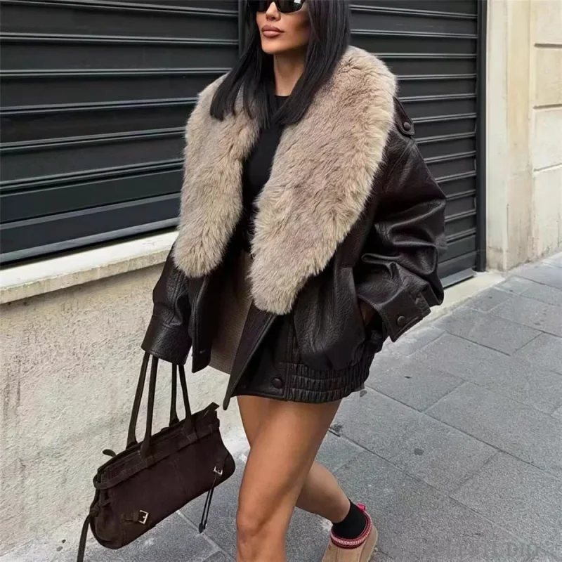 2026 Autumn New Women Faux Leather Coat Vintage Detachable Faux Fur Collar Long‑Sleeve High Street Chic Outerwear Jacket