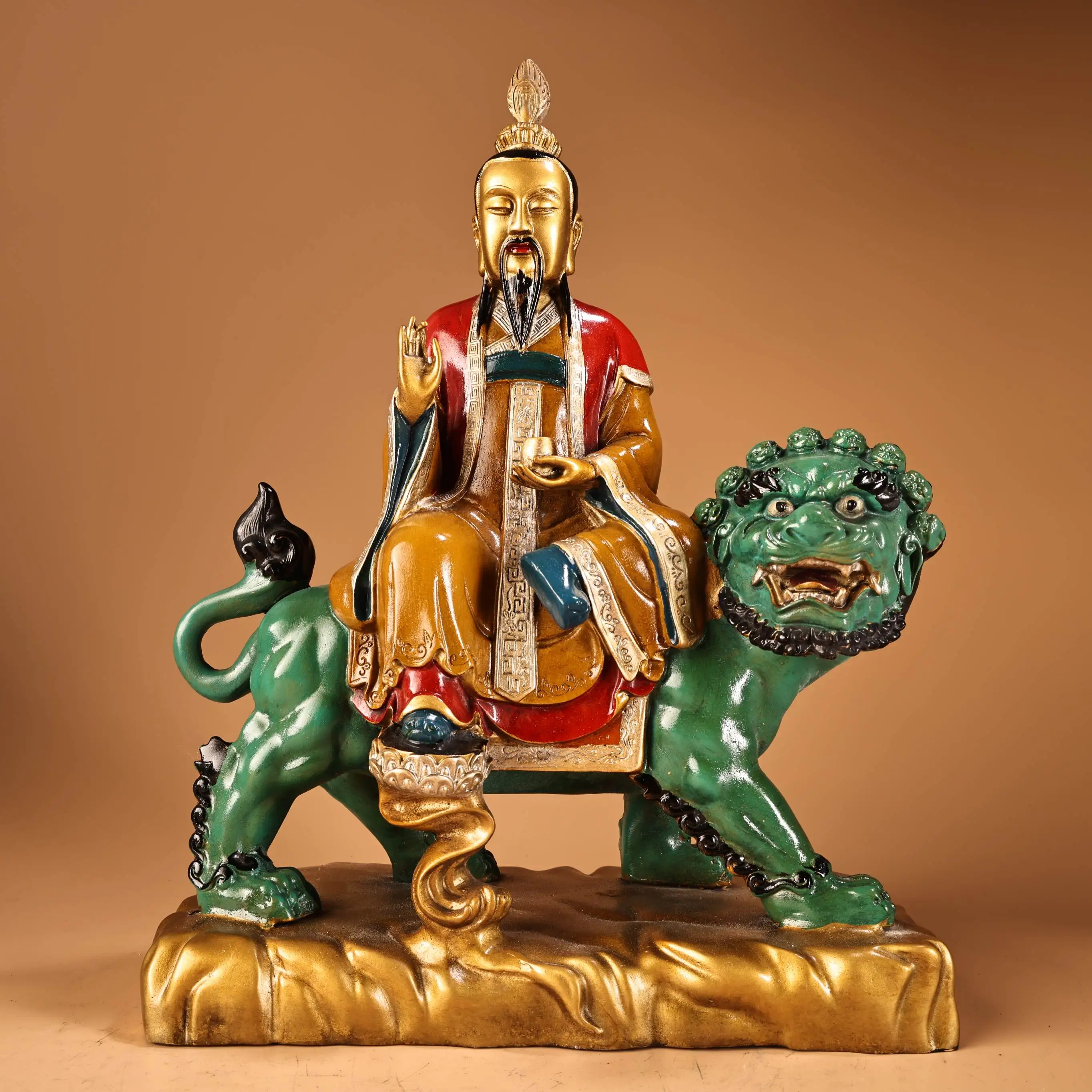 Old Bronze Painted Gilded High relief Taiyi saves the suffering Heavenly Lord immortal Divine beast mount Buddha Worship Hall