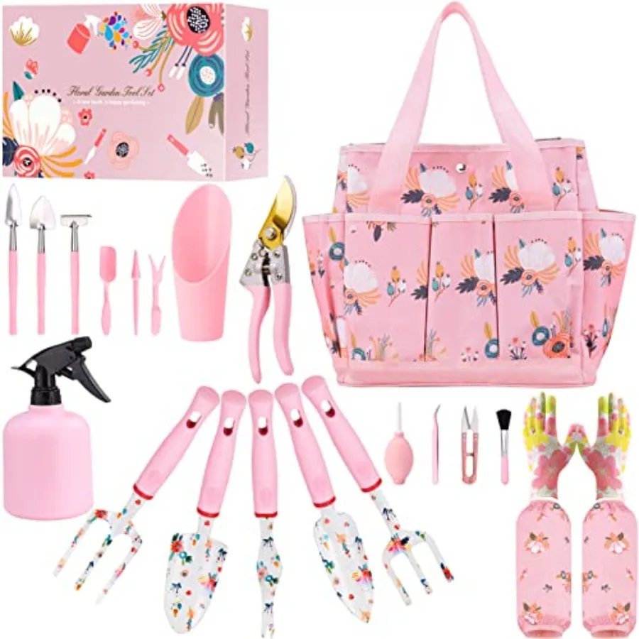 Floral Garden Tools Set, Heavy Duty Gardening Tools for Gardener, Gardening Gifts for Women, Storage Tote Bag, Sleeves, Gloves,