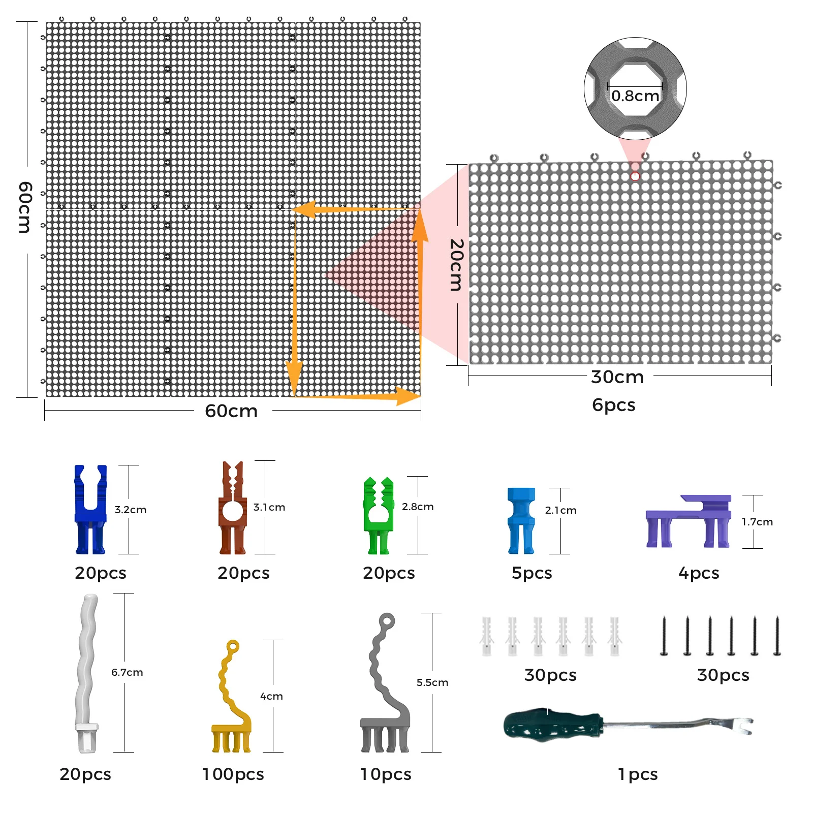 Plastic Pegboard wall storage kit, 6panelsgrey  40 x 91cm, 200accessories, hooks, clips, and boxes, modular tool storage board