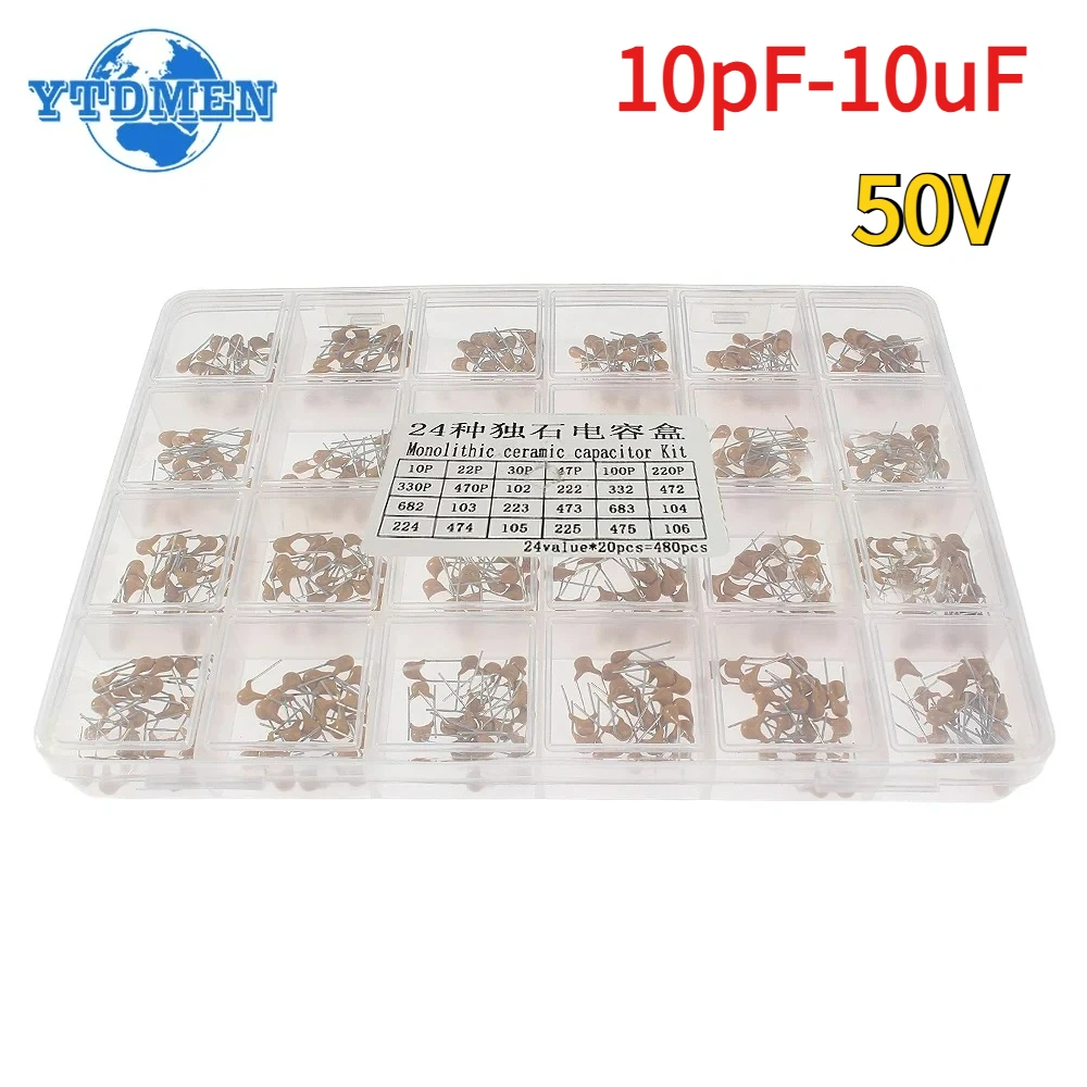 480pcs 24 유형 모놀리식 세라믹 커패시터 50V 10pF-10uF 세라믹 커패시터 모듬 키트 전자 커패시터 세트