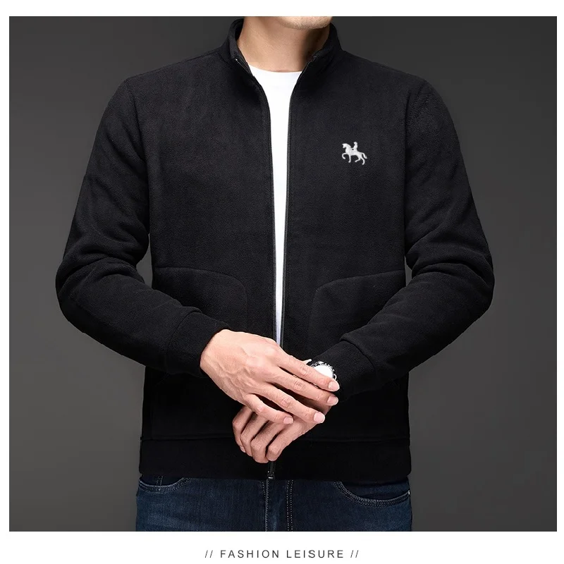 

High quality autumn winter new velvet warm stand up collar jacket fashionable mens brand embroidered comfortable zipper cardigan