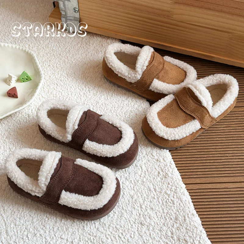 Warm Fur Loafers Kid Girls Soft Plush Moccasin Shoes Baby Child Winter Casual Slip-on Short Boots Outdoor Flat Cotton Shoes
