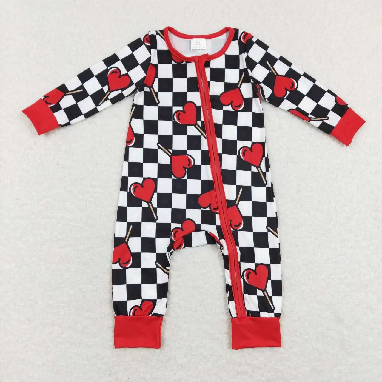 Wholesale hot sale baby kids newborn toddler clothes Red Lollipop Black and White Plaid Red Zipper Long Sleeve Jumpsuit