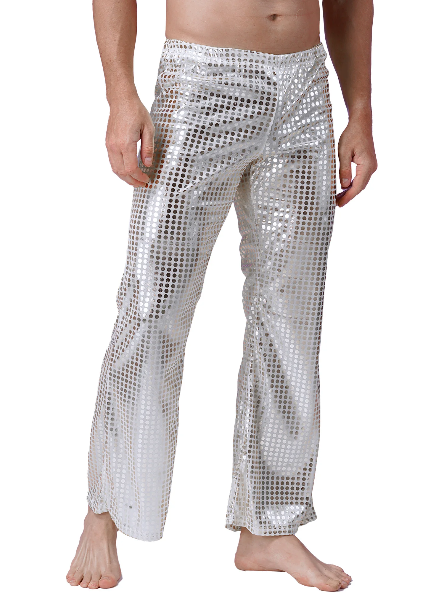 YiZYiF Mens Shiny Sequins Long Pants 70s Disco Jazz Dance Performance Costumes Elastic Waistband Flared Pants Dj Party Trousers