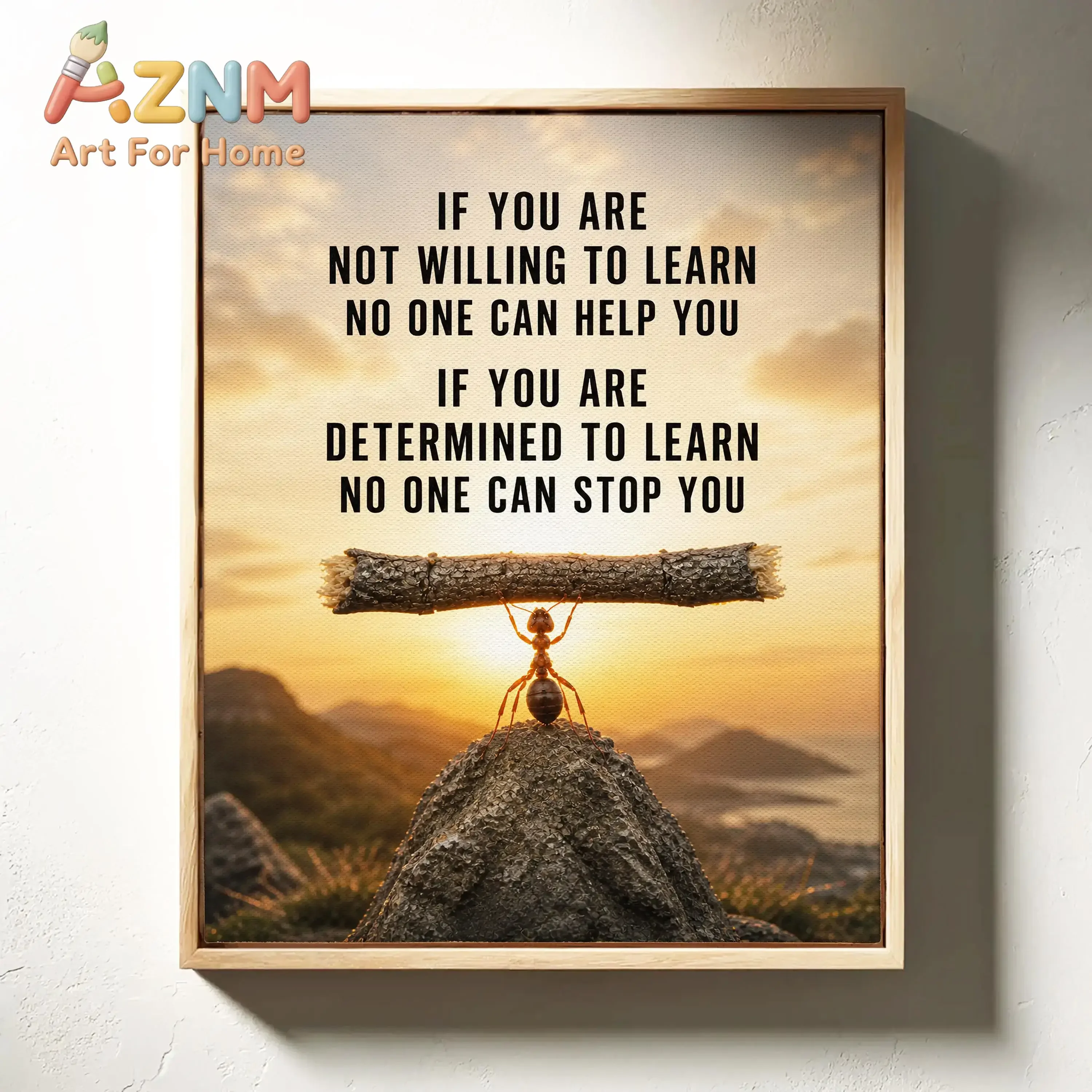 Motivational Wall Art for Office, Determined to Learn Quote Canvas, Ant Carrying Log Inspirational Poster, Growth Mindset Decor