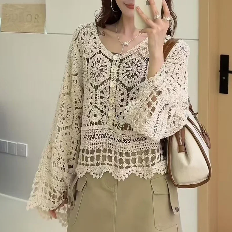 

Flared Sleeve Crochet Knit Top Women Open-work Guipure Lace Blouse Tops French Style Spring Summer Hippie Boho Chic