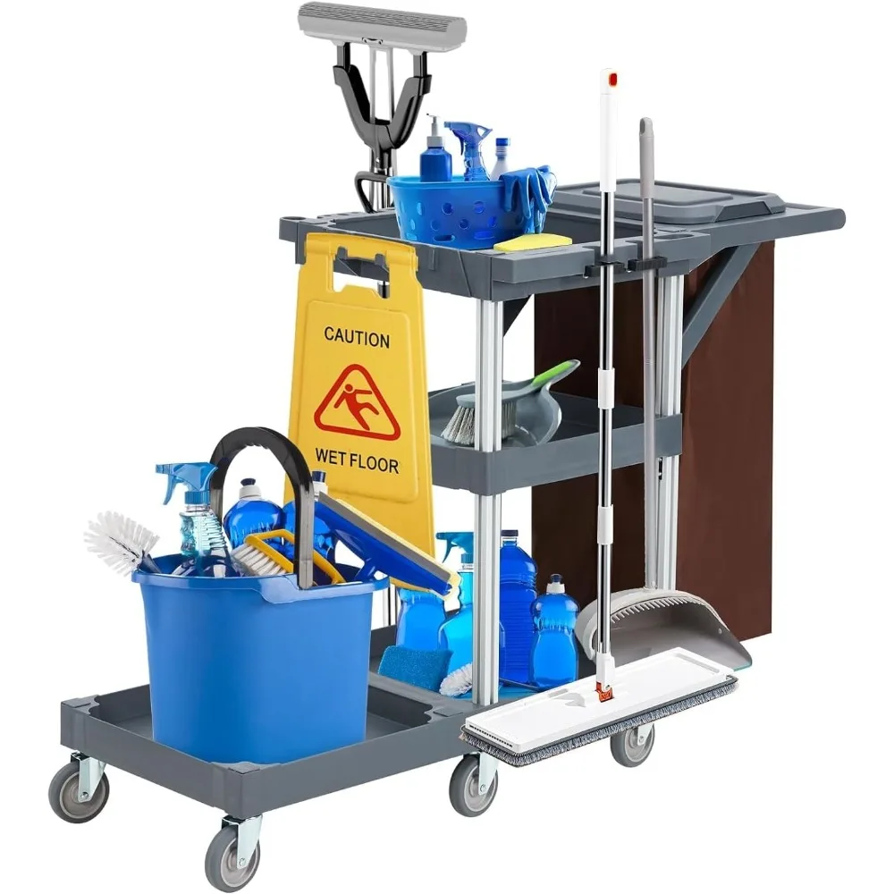 

Тележки для чистки тележек Janitorial на колесах, коммерческие традиционные пластиковые тележки для домашнего хозяйства с 3 полками