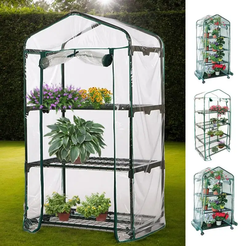 3/4Tiers Backyard Greenhouse with Locking Wheels Grow Tent with Zippered Cover Steel Plant Shelves Outdoor Greenhouse for Winter