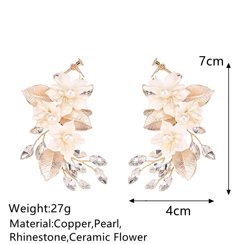 Ceramic Flower Rhinestone Clip On Earrings for Women Accessories Luxury Fashion Bridal Drop Earring Party Jewelry Prom Gift