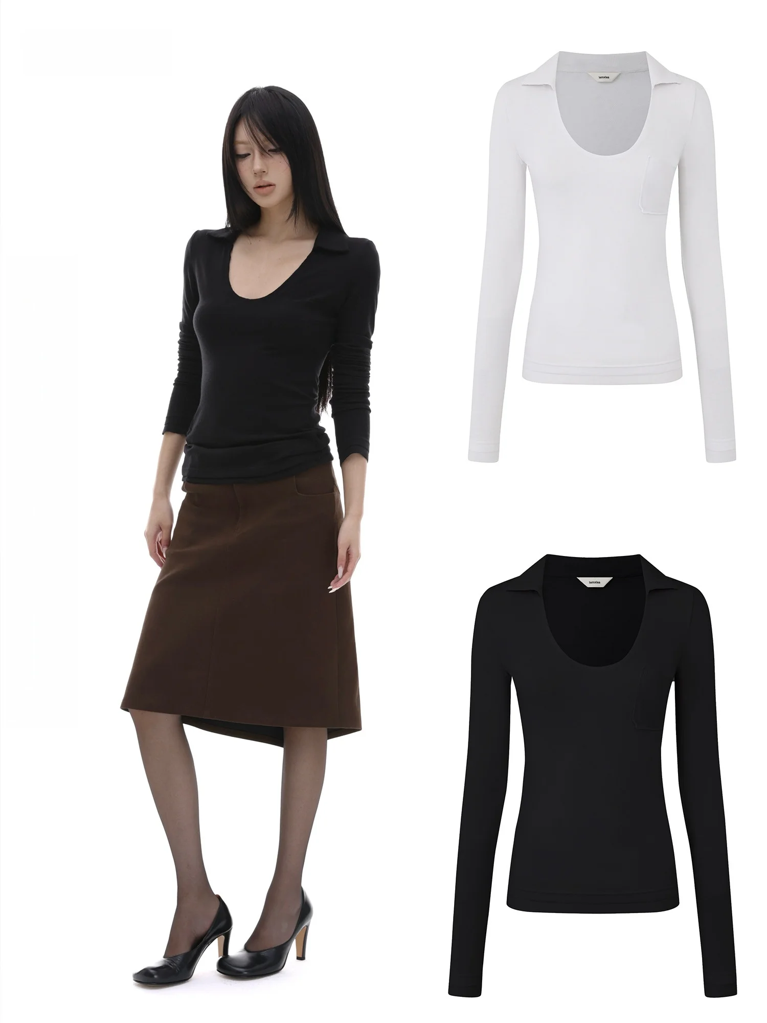 

Iamxiaa Women's Long Sve Ne Knitted Top T-irt Base Layer irt Bla White Lycra Wool Blend Slim Fit Spring