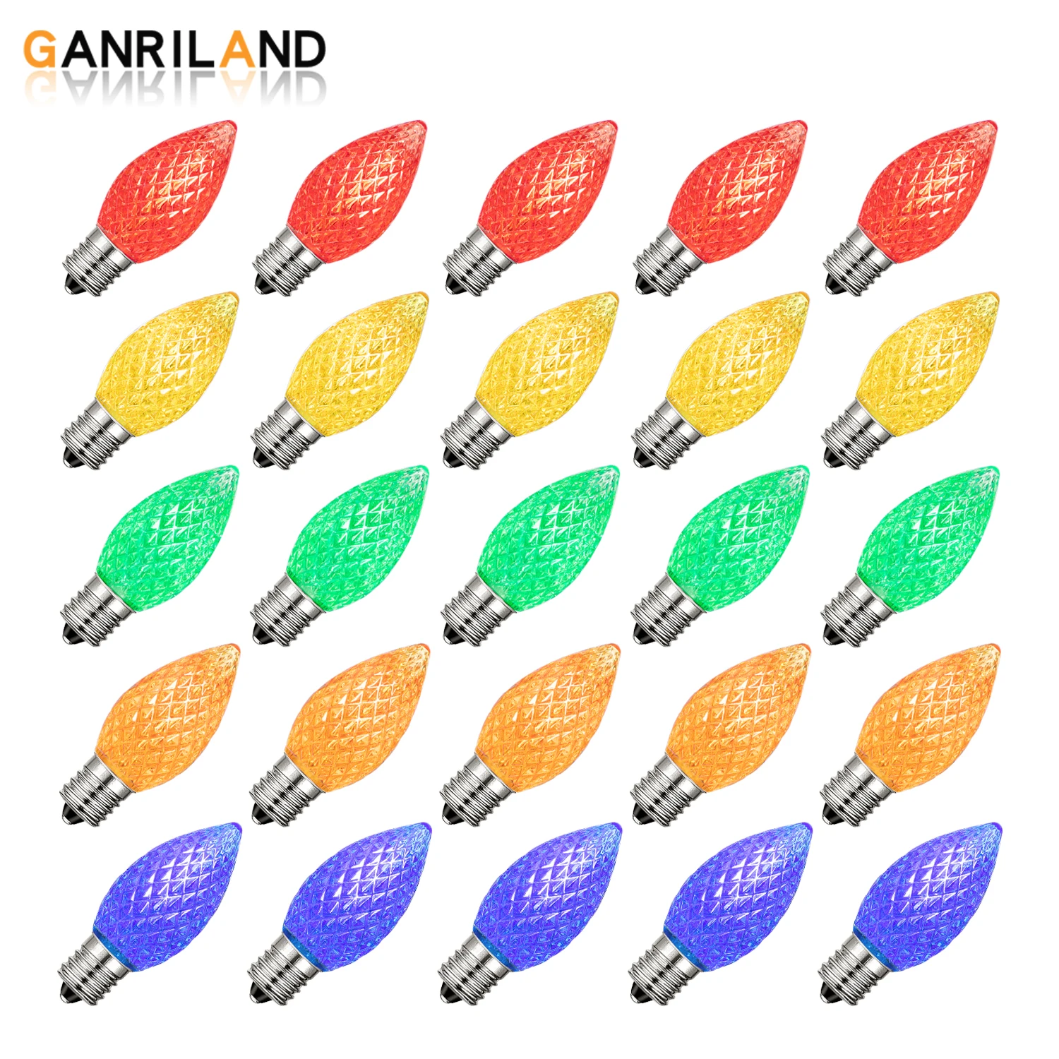 25PCS C7 Led Christmas Lights Bulb Multicolor C7 E12 Base 0.6W Equal to 7W Outdoor Shatterproof Plastic Strawberry Faceted Bulbs