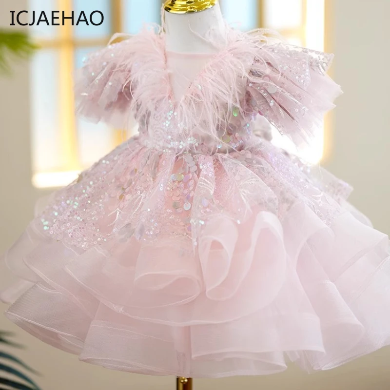 

Teenagers Girls Birthday Party Ball Gowns Luxury Shiny Feathers Dress for Children Flower Girl Fluffy Clothes Weddings 2024