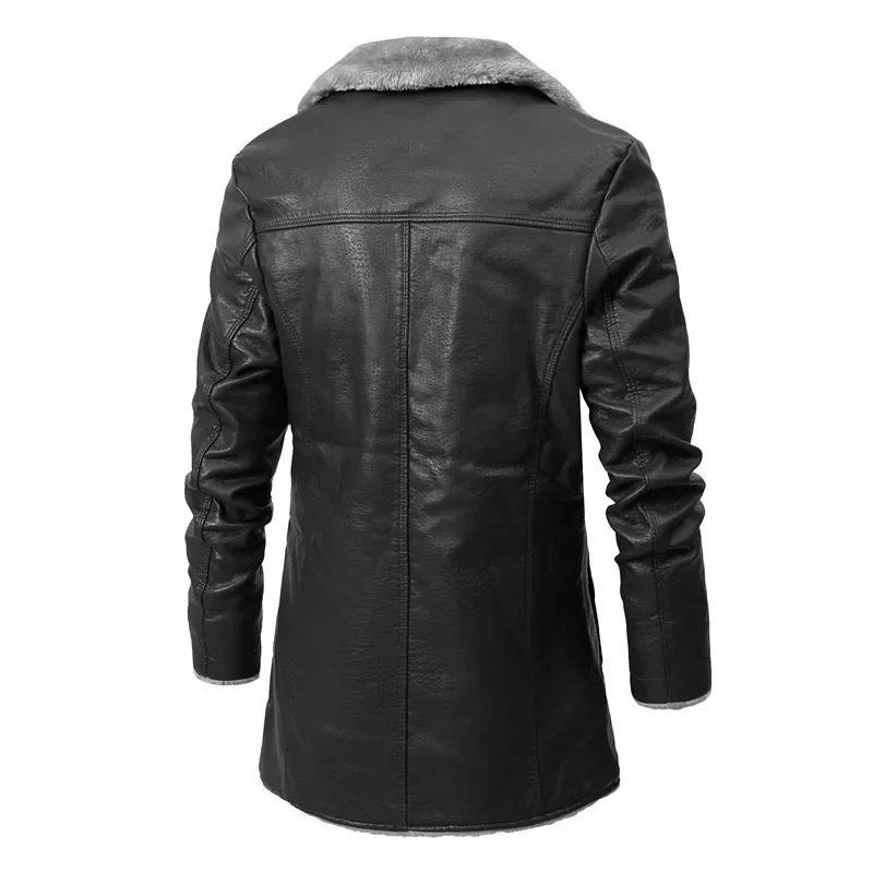 Men's Autumn/WinterLong-Length PU Leather Jacket Business Style European Sizing Fleece Lining Lapel Design Warm Season Outerwear