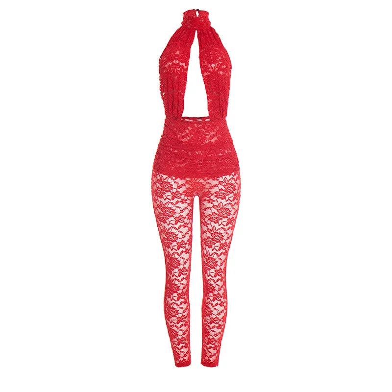 

Perspective sexy hot girl solid color backless hollow out lace jumpsuit