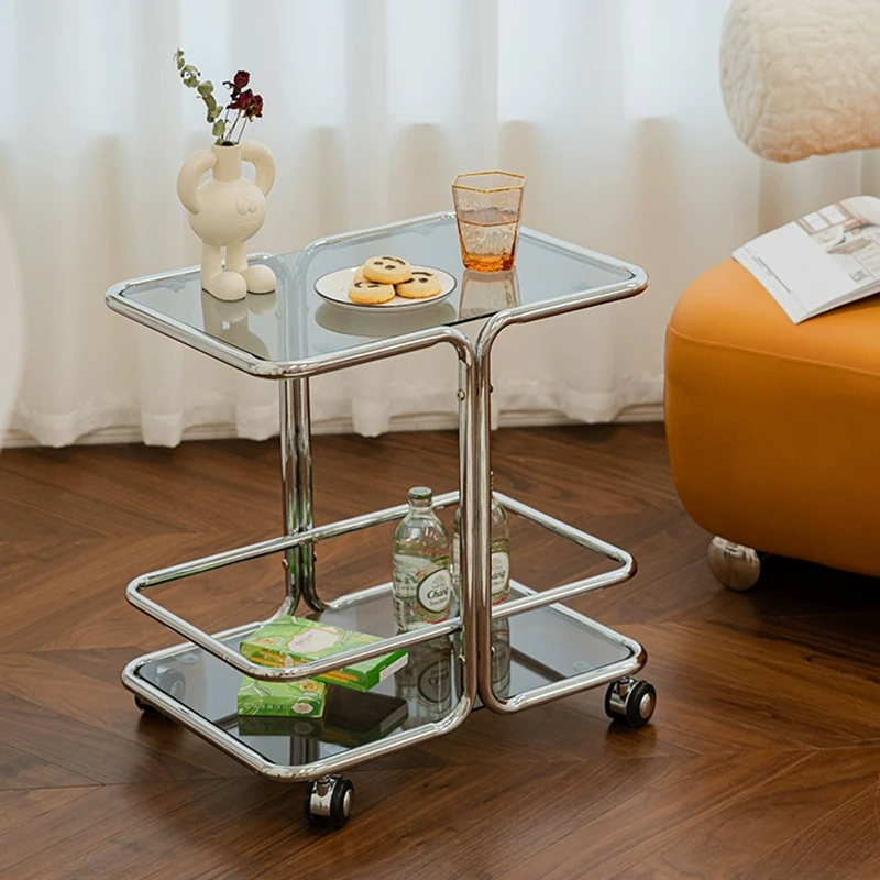 Nordic Double Layered Coffee Table, Living Room Side Table, Modern Glass Cart, Mobile Storage Desk Tea Table, Home Accessories