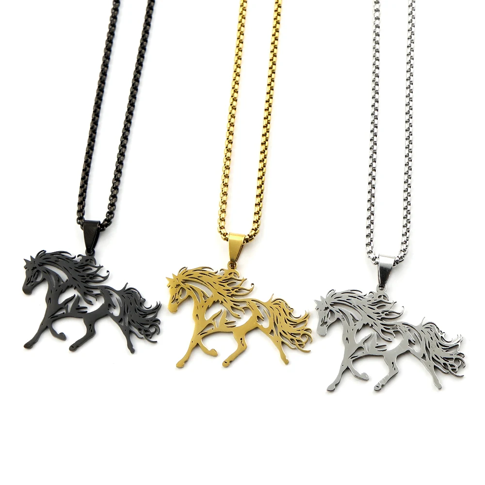 

Hollow Gothic Running Horse Pendant Necklace for Women Men Stainless Steel Silver Black Animal Chain Necklaces Jewelry Gifts