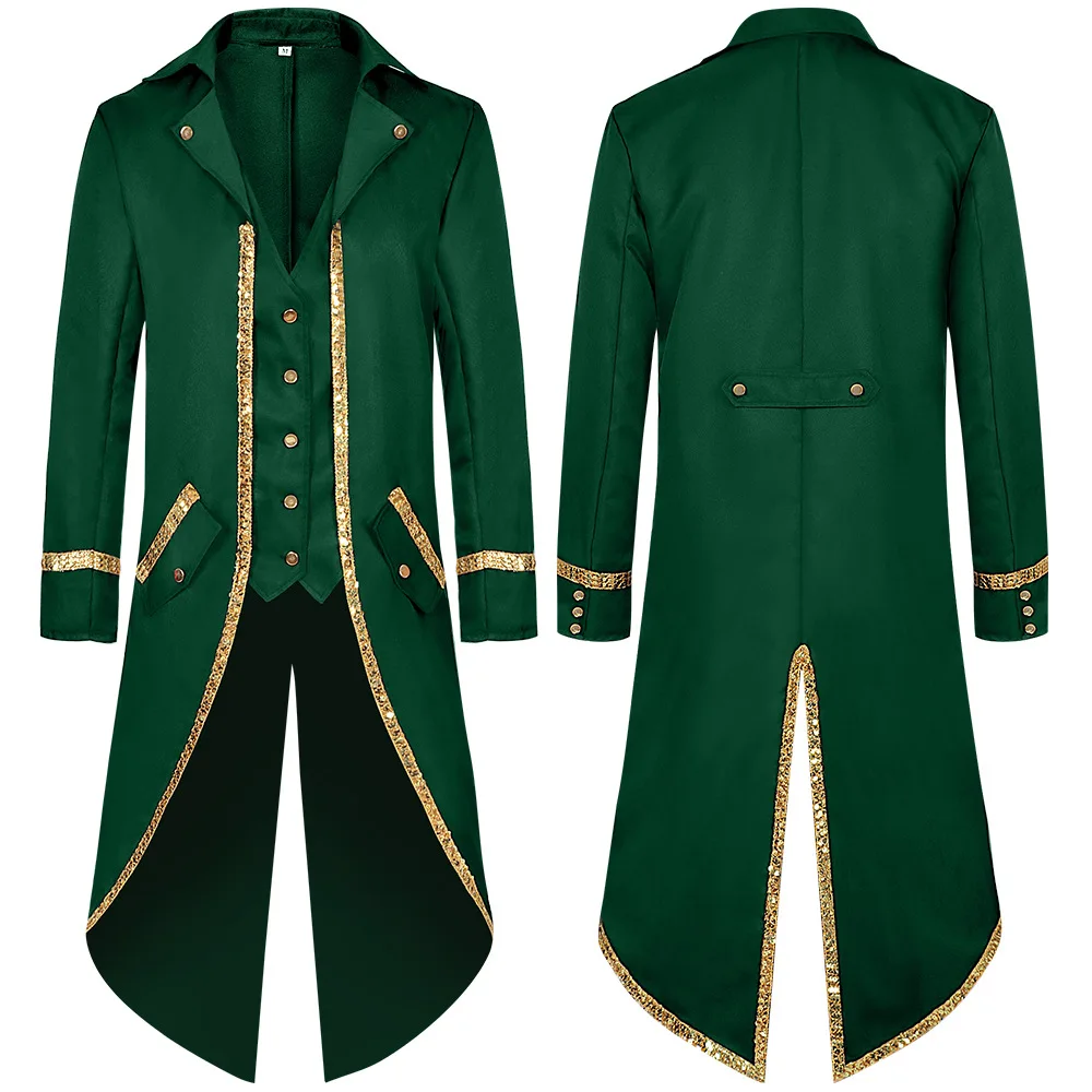 طقم معطف خلفي فيكتوري قوطي عتيق للرجال مع حواف ذهبية وترتر، معطف واق من المطر طويل Steampunk، سترة وسراويل للحفلات التنكرية