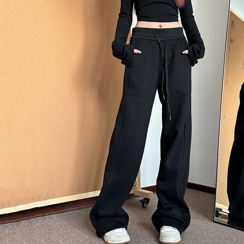 Rimocy American Gray Slim Pants Straight Pants Women Casual Drawstring Wide-leg Sweatpants Woman High Waist Loose Trousers Mujer