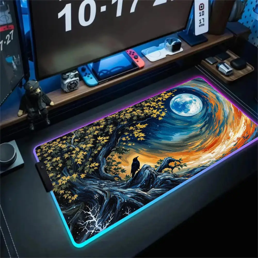

Коврик для мыши RGB на тему Вороны и Луны, светодиодный светящийся игровой коврик, резиновый противоскользящий настольный коврик, аксессуары для геймера, игровая клавиатура, коврик для мыши