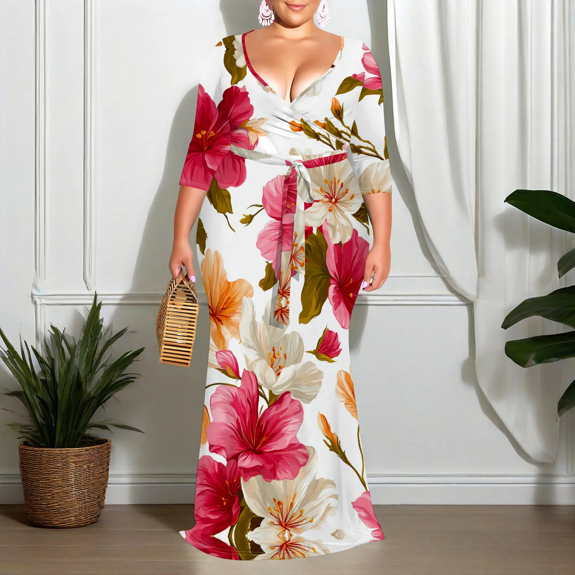 

Plus Size White Floral Maxi Dress Women's V-Neck Wrap Summer Beach Vacation Party Dress XL-6XL