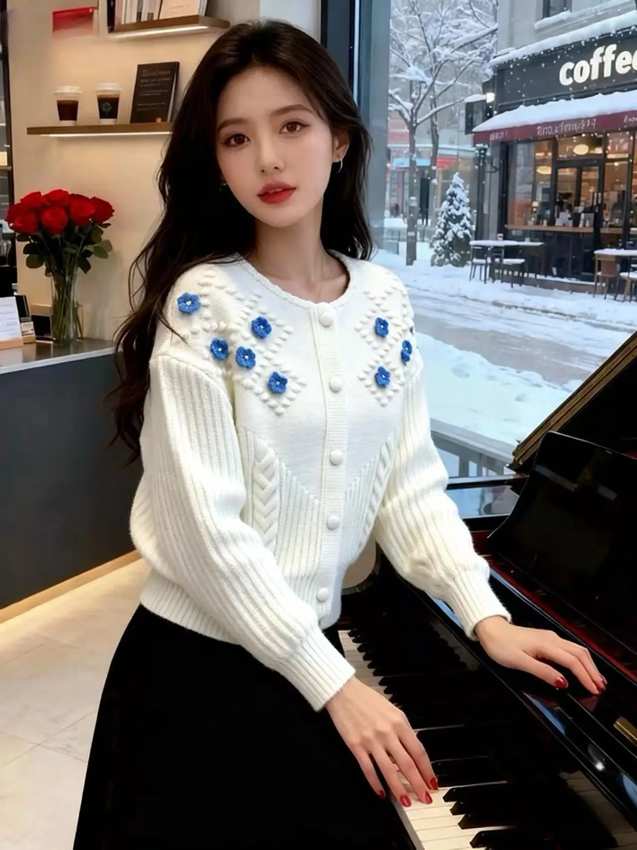 

Autumn Winter 2025 Women's Knitted Cardigan with 3D Flower Design Versatile Elegant Sweater Jacket Loose Fit Long Sleeve F454