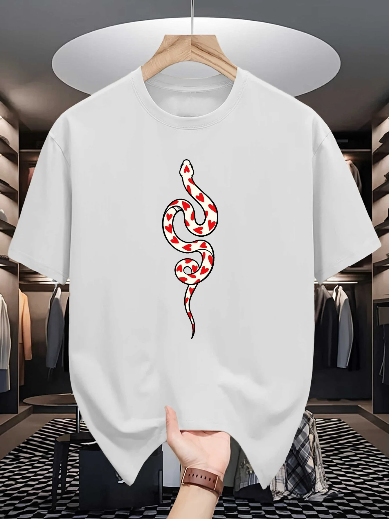 Mens Heart Pattern Snake Graphic Tee Cool Reptile Animal Art Print O Neck Short Cotton Tops For Mens Trendy Casual Street Wear