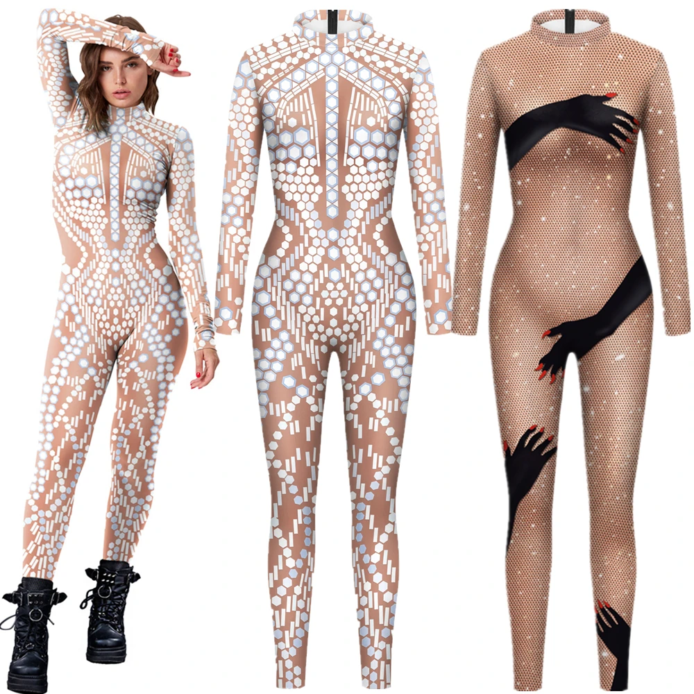 Mono con purpurina y lentejuelas brillantes para mujer, traje Sexy con tacto de manos negras, disfraz de Carnaval y Halloween, Zentai