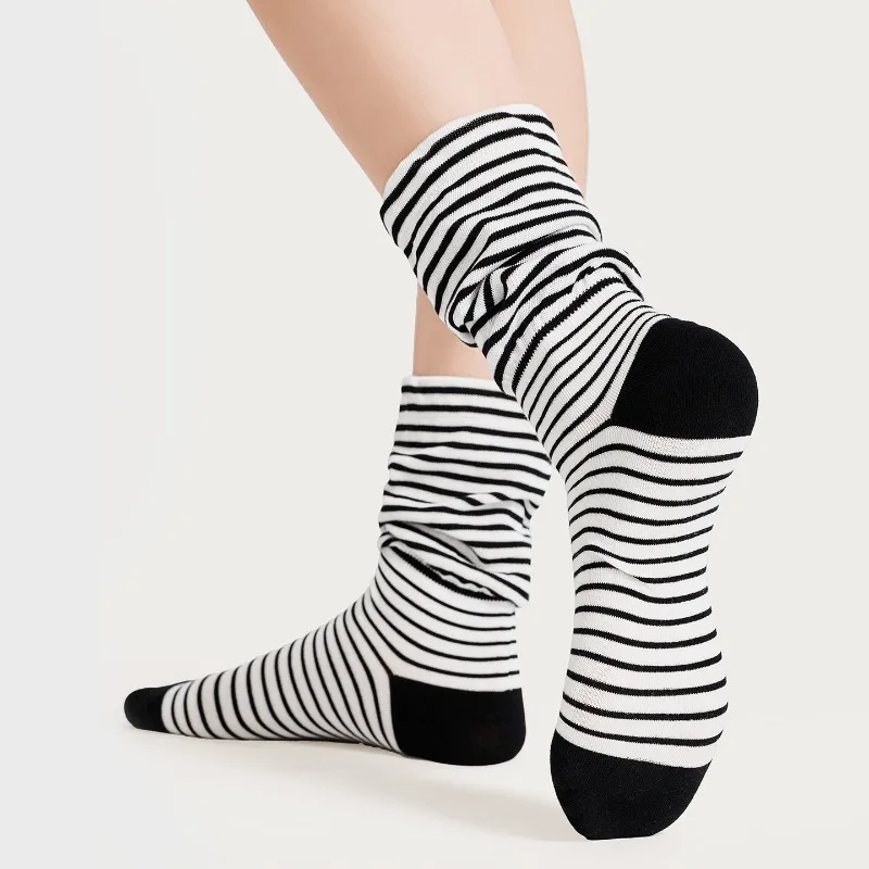 

Kave 2026 New Striped Cotton Slouch Socks Women's Casual Pile Crew Sock Kawaii Y2k Aesthetic Pink Black Ruched Mid Calf Socks