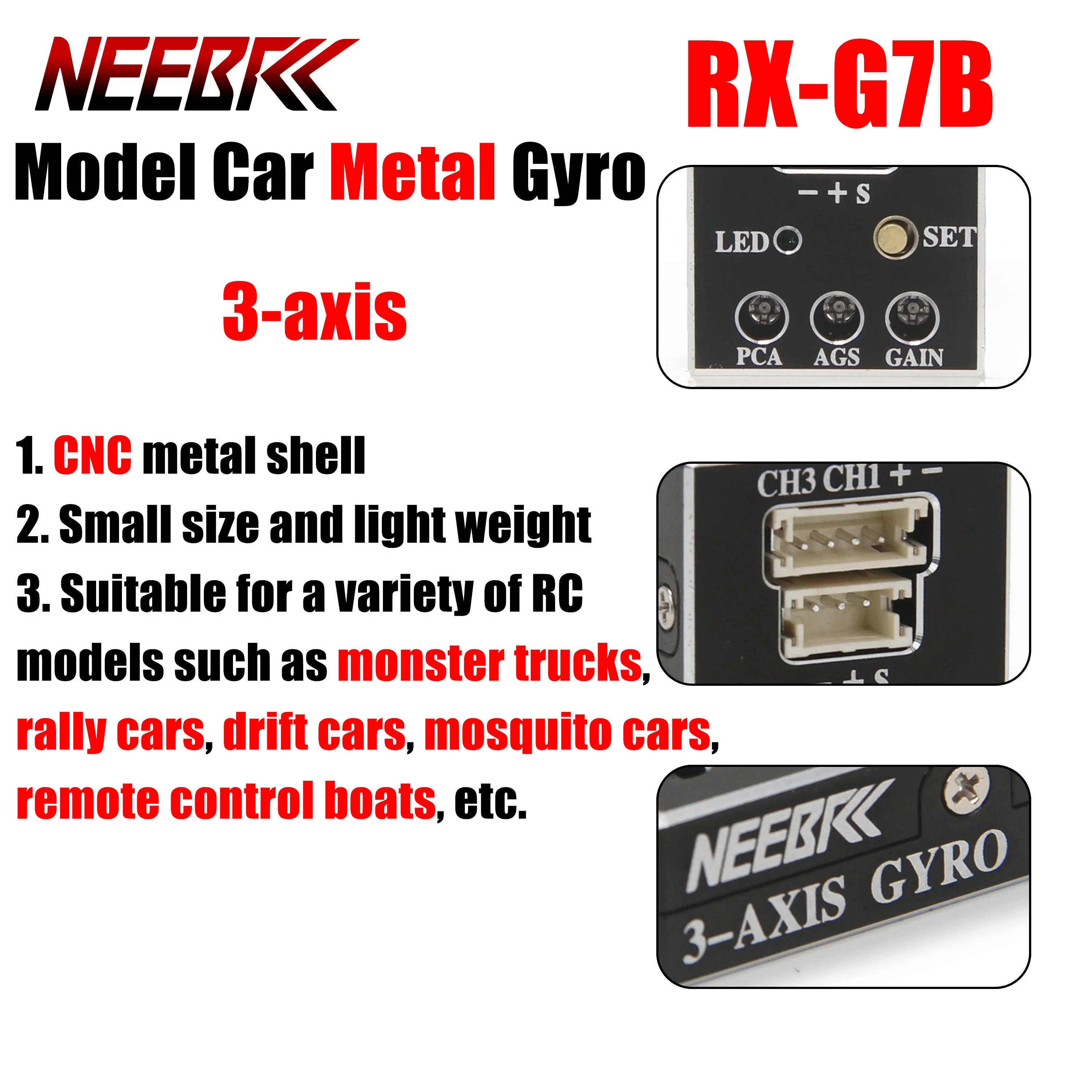 NEEBRC RX-G7B 3-axis Model Car Gyro Mini Metal CNC Gyroscope AGS for RC On-road Drift Racing Rally Boat Remote Control Vehicle