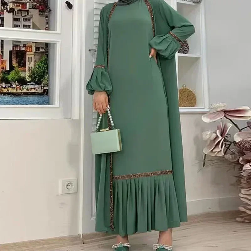 Eid Muslim Abaya Kimono 2 Piece Set Dubai Luxury Islam Turkey Abayas for Women Sequin Evening Party Dress Moroccan Kaftan Robe